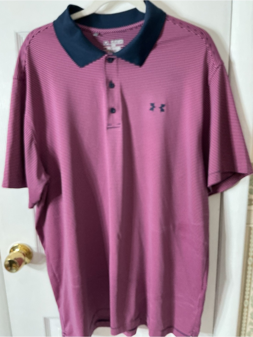 Under Armour Men's Magenta Striped Polo with Navy Collar